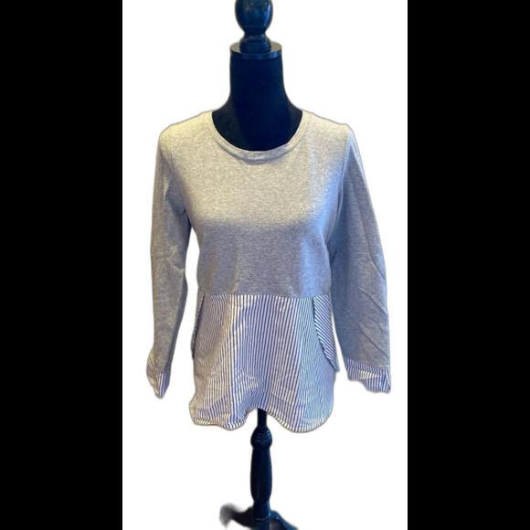 Marled Reunited Clothing Blouse size Small Gray T Shirt Top Blue White Striped - Picture 1 of 9